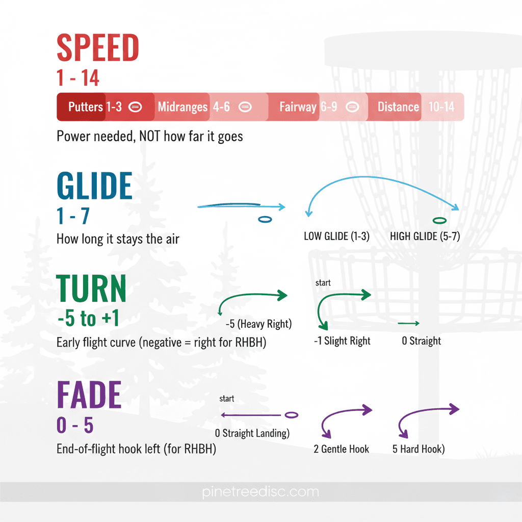 Disc golf flight numbers cheat sheet - Speed, Glide, Turn, and Fade explained with visual diagrams